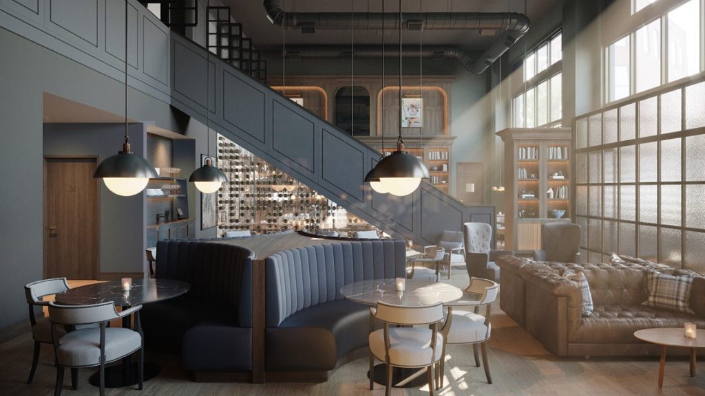Interior of loft style restaurant with a gray theme at Fellaship