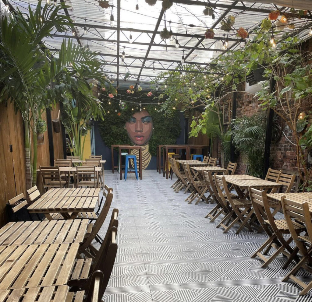 Outdoor eating area with a transparent roof strung with lights, indoor plants, wooden walls and wooden furniture at Santiago's Beer garden